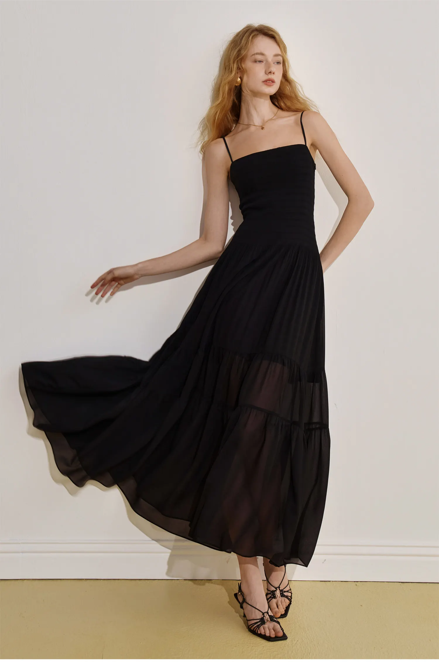 AEL Original Französisches Temperament Trägerkleid Damen 2026 Sommer Neu Plissiertes Patchwork A-Linien-Kleid Chiffon Langes Kleid – Detail 9