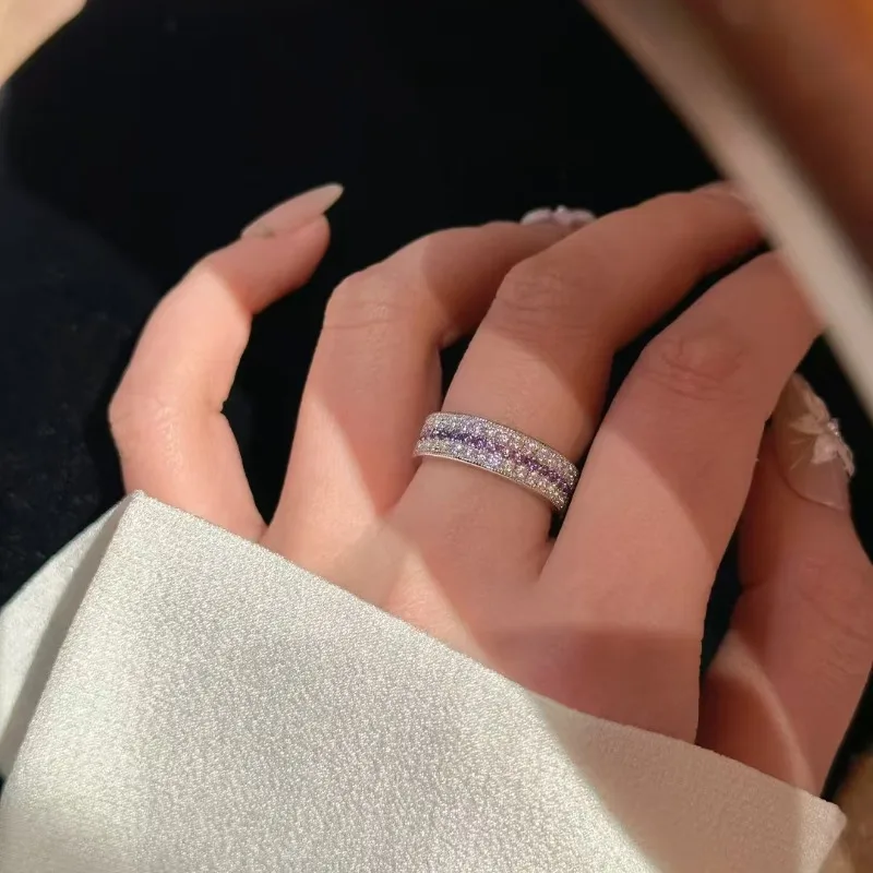 Fashion light luxury ultra beautiful purple flashing rose purple row diamond ring senior sense heavy industry set  9999gold