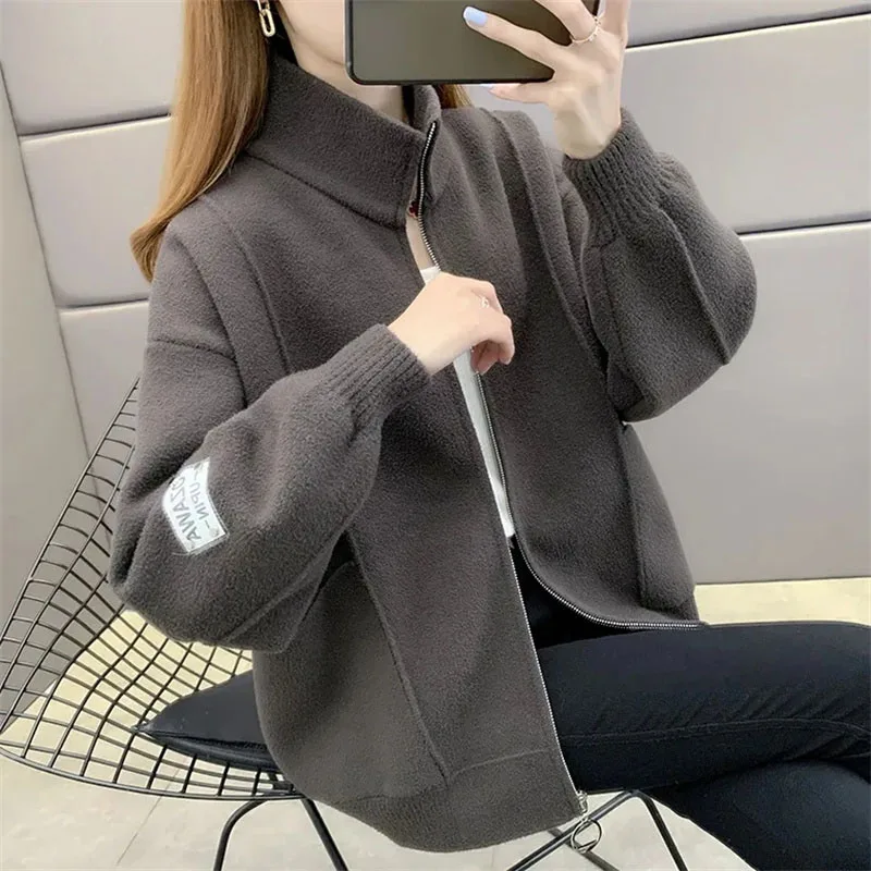 Women Loose Double Sided Woolen Outwear Autumn Lady Zipper Wool Blend Jacket Female Short Woolen Tops Coat