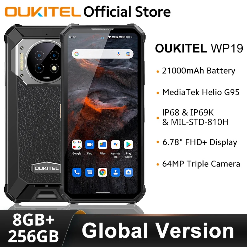 Oukitel WP19 Rugged smartphone Global Version 90Hz 6.78‘' FHD+ 21000mAh 8GB+256GB MTK Helio G85 64MP Camera cellphone NFC