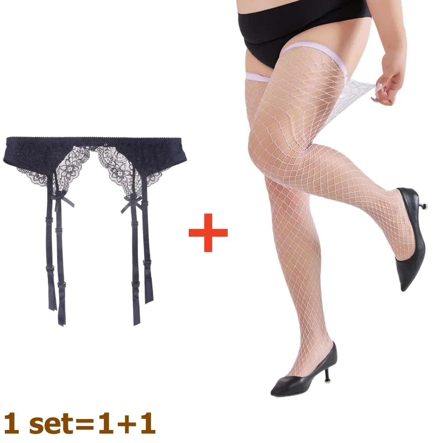 

2pcs Women's Adjustable Non-slip Stockings High Waist Garter Belt Plus Size sock set Lace Mesh Suspender One-piece Pantyhose XXL