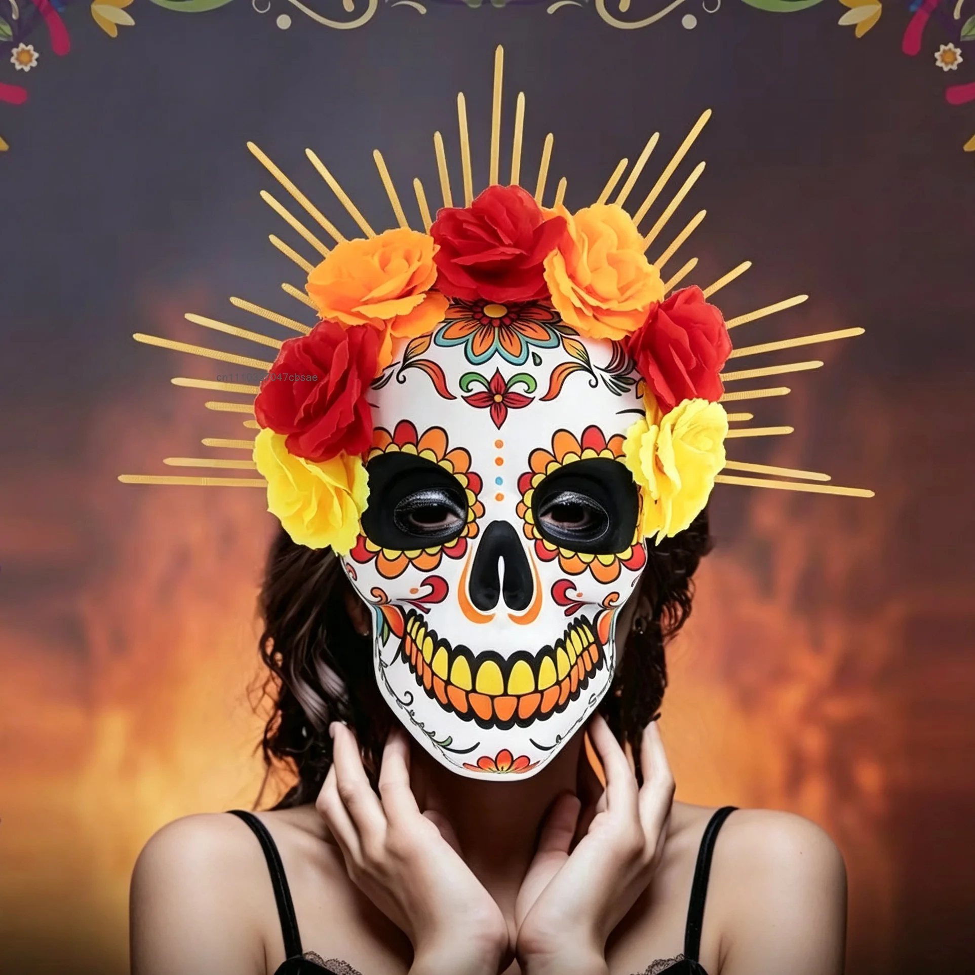 Hand Printed Sugar Skull Full Mask Rose Floral Decor Headpiece Mexican Dead Day Halloween Carnival Cosplay Party Accessory