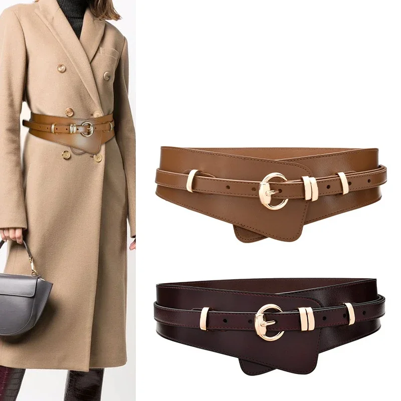 

Fashionable don't buckle two-layer cowhide women's trench coat belt with a large belt