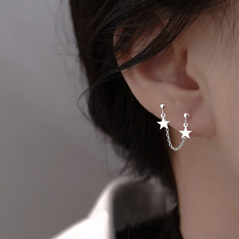 CIAXY Silver Color Star Stud Earrings for Women Romantic Tassel Ear Chain Double Pierced Earring  Jewelry Gifts