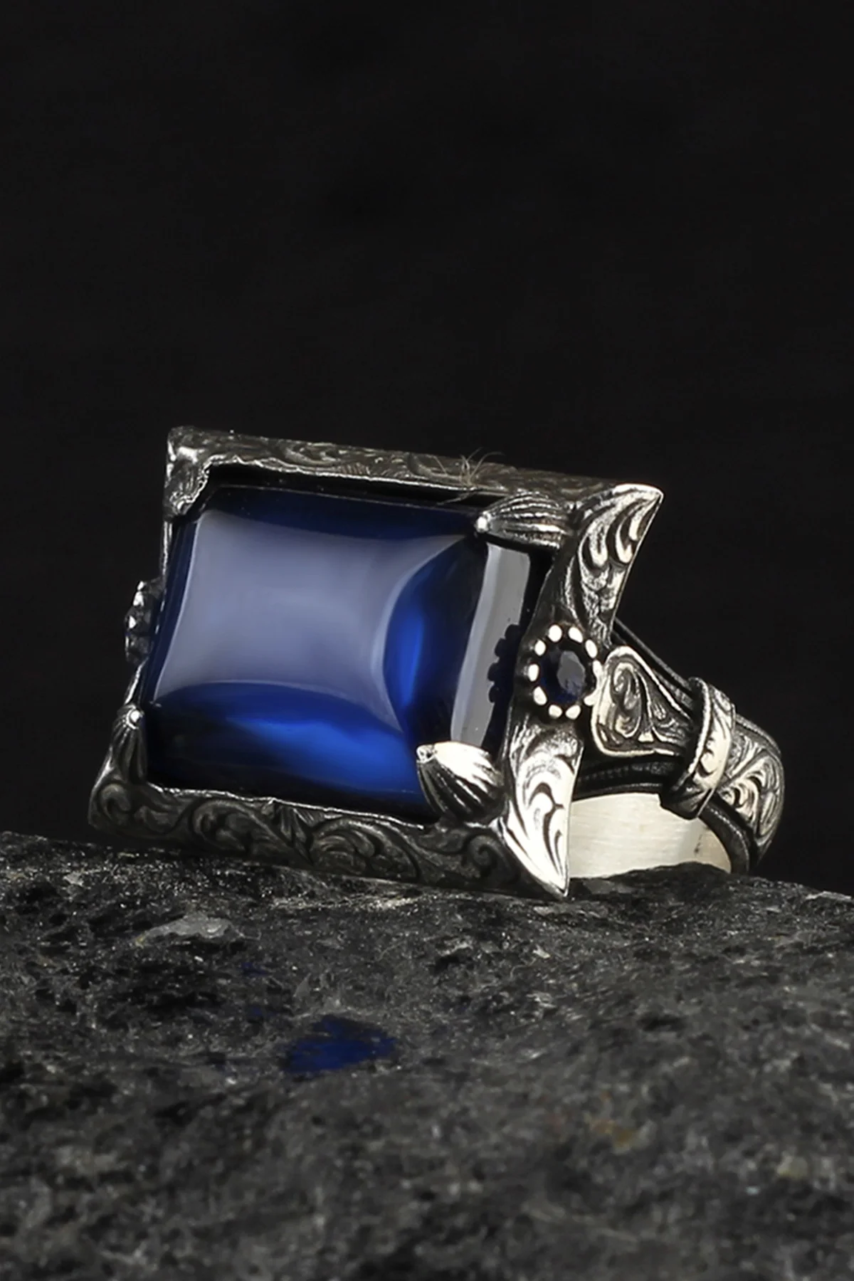 

Pen İşçilikli Blue Zircon Stone 925 Sterling Silver Men 'S Ring