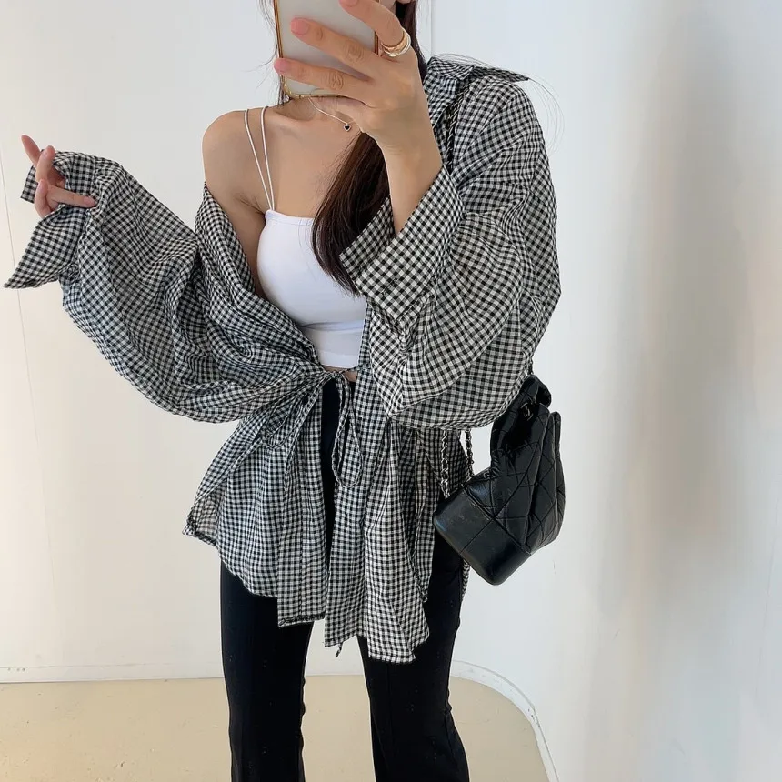 

2026 Spring Autumn Retro Plaid Loose Slimming Versatile Shirt Chic Korean Style Casual Long Sleeve Top Korean Version