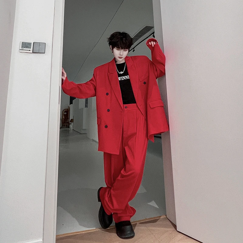 

Red Double-Breasted Retro Men's Suit Set Straight Leg Wide Pants Korean Sle Trendy Youth Casual Loose Fit Spring 2024