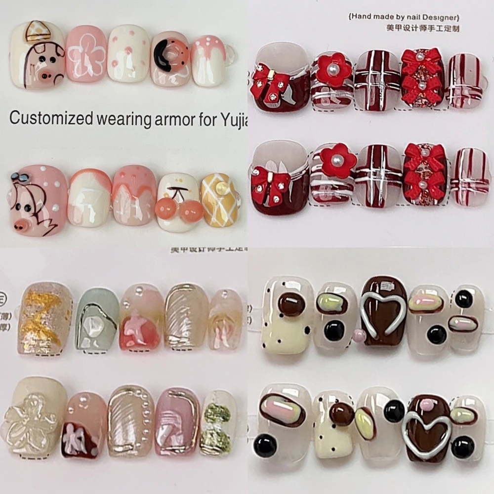 

10Pcs Handmade Kawaii Short Round Square Press On Nails Cute Cartoon Butterfly Cat Pig Artificial Manicure Wearable Nail Tips