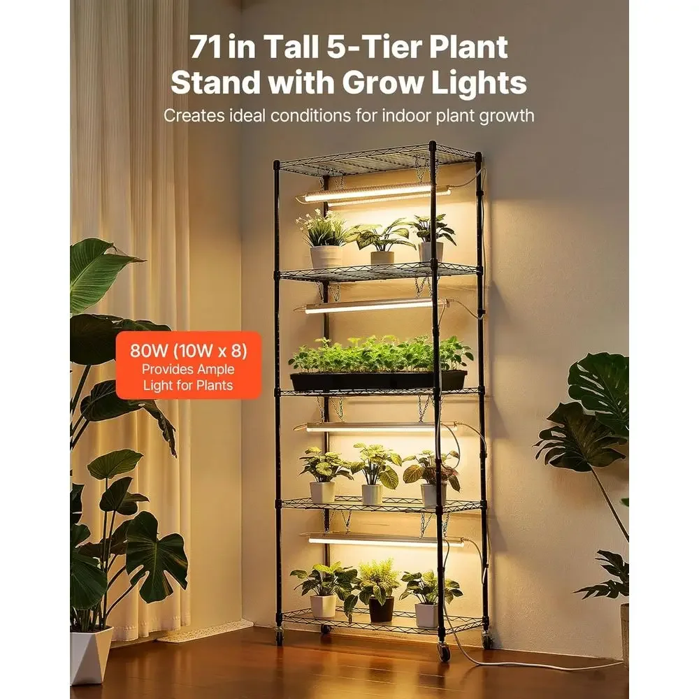 6-Tier Indoor Plant Stand with 80W T5 LED Full Spectrum Grow Lights and Adjustable Timers