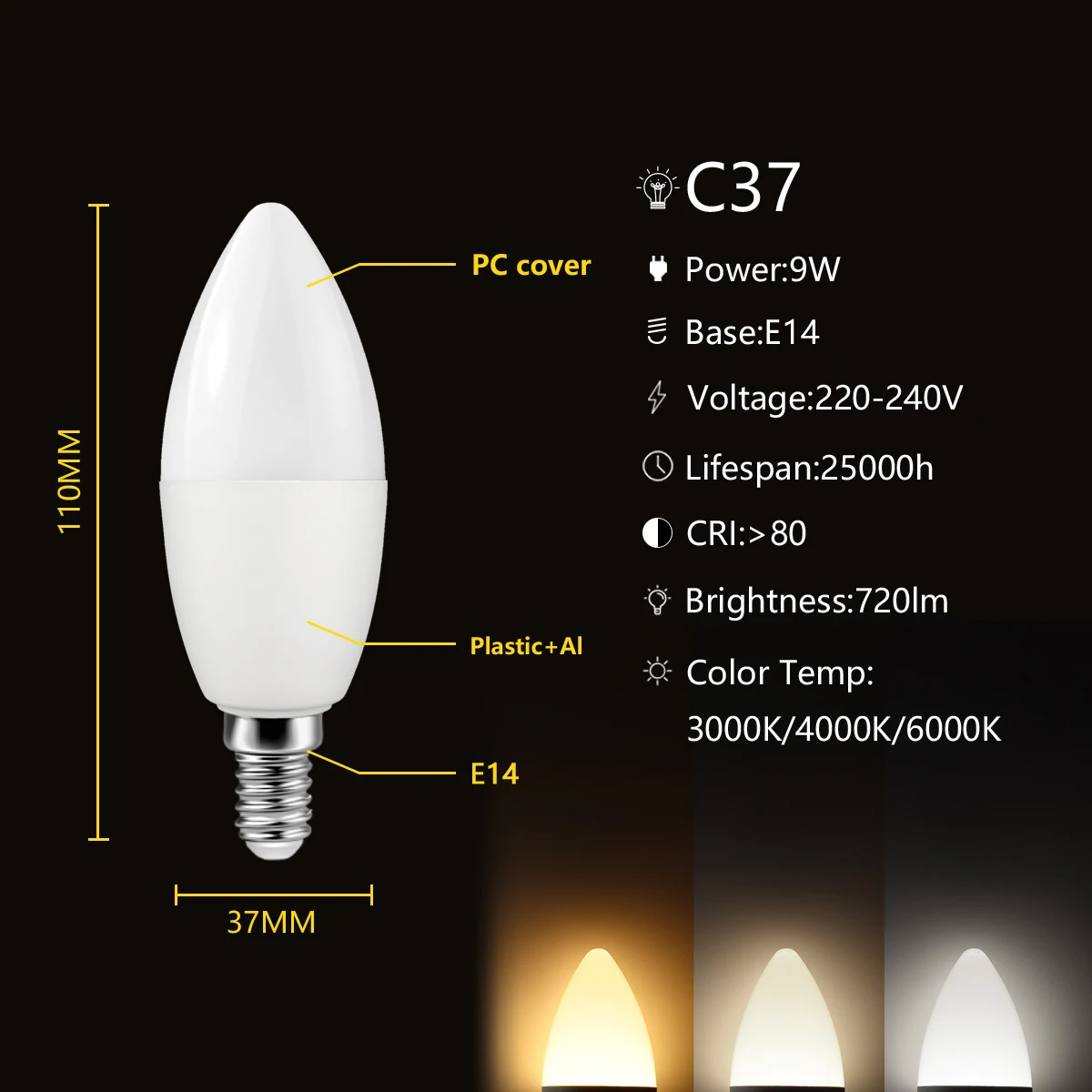 Imagem -04 - Lâmpada Led para Decoração de Casa e Escritório Iluminação para Quarto T37 C37 9w E27 E14 B22 ac 220v 3000k6000k 420 Pcs