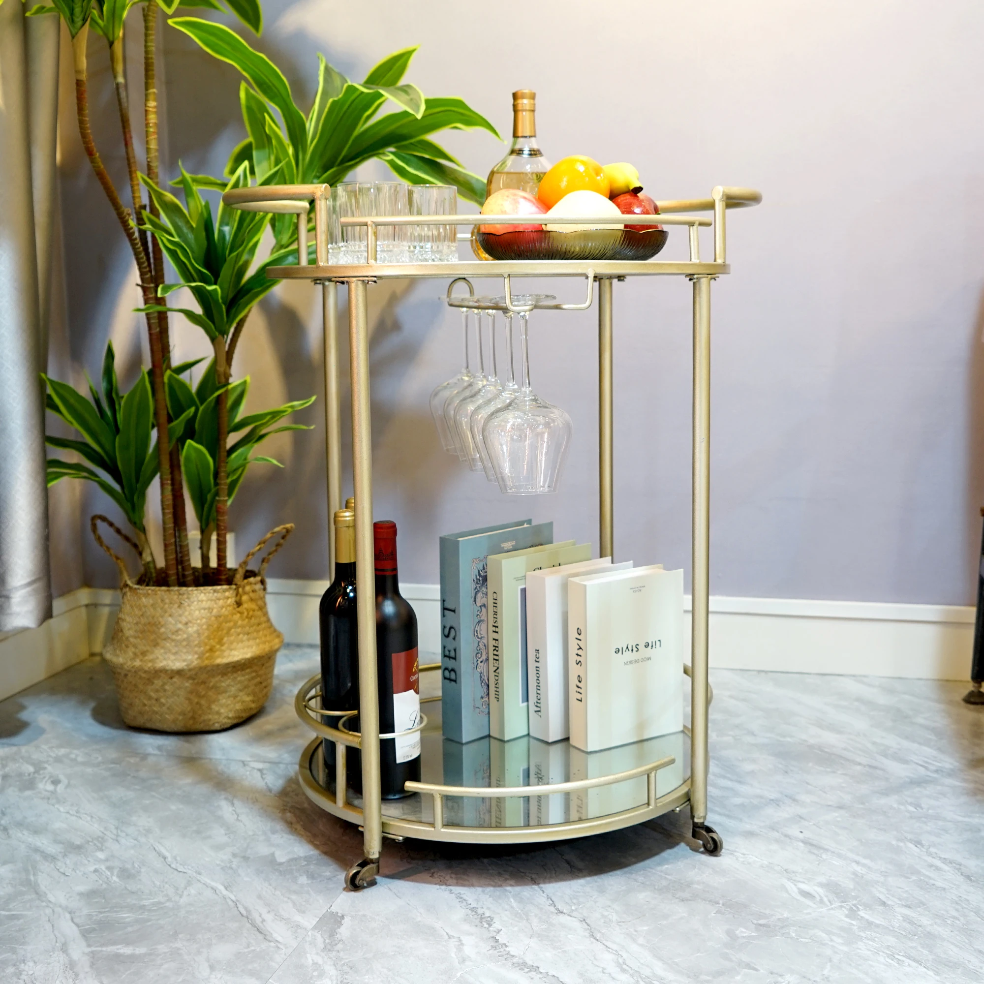 Two Tier Round Wine Serving Cart Bar Cart Trolley Gold Hotel Dining Room Food Decorative Trolley Cart