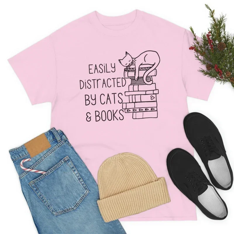 Cartoon T Shirt Cats Books Women's Cute  Casual Loose Book Lover Shirt Cat Mom Shirt Literature T-Shirt Bookish Graphic Tees Top