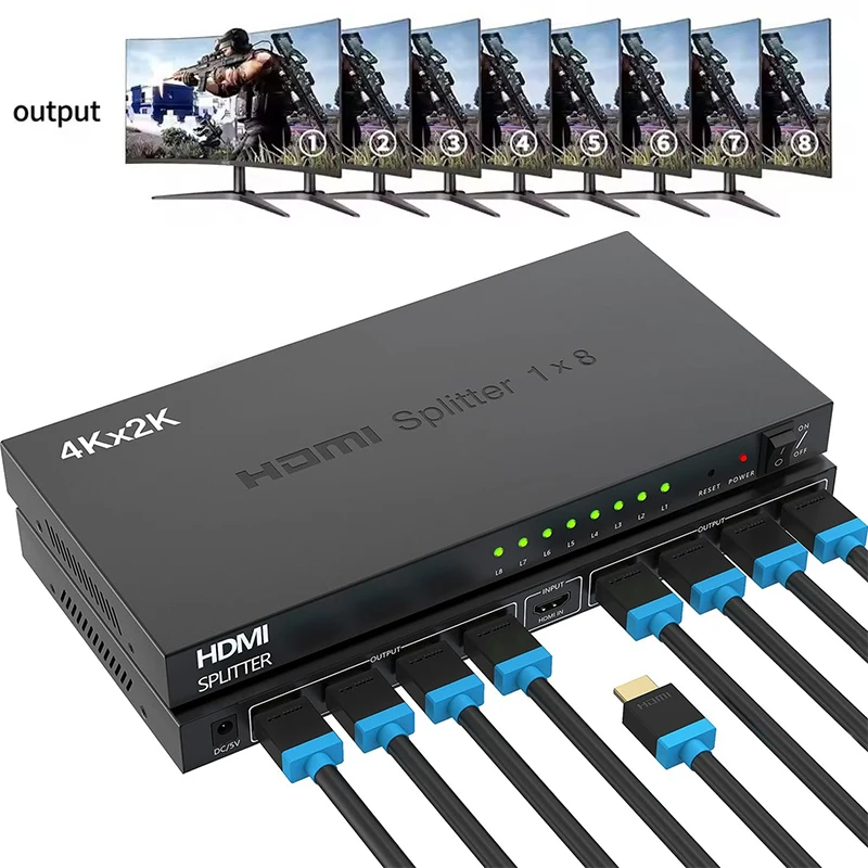 4K HDMI Splitter 1 in 8 out HDMI Video Distributor 1x8 Converter Multi Screen Duplicate Display for PS4 Camera PC to TV Monitor