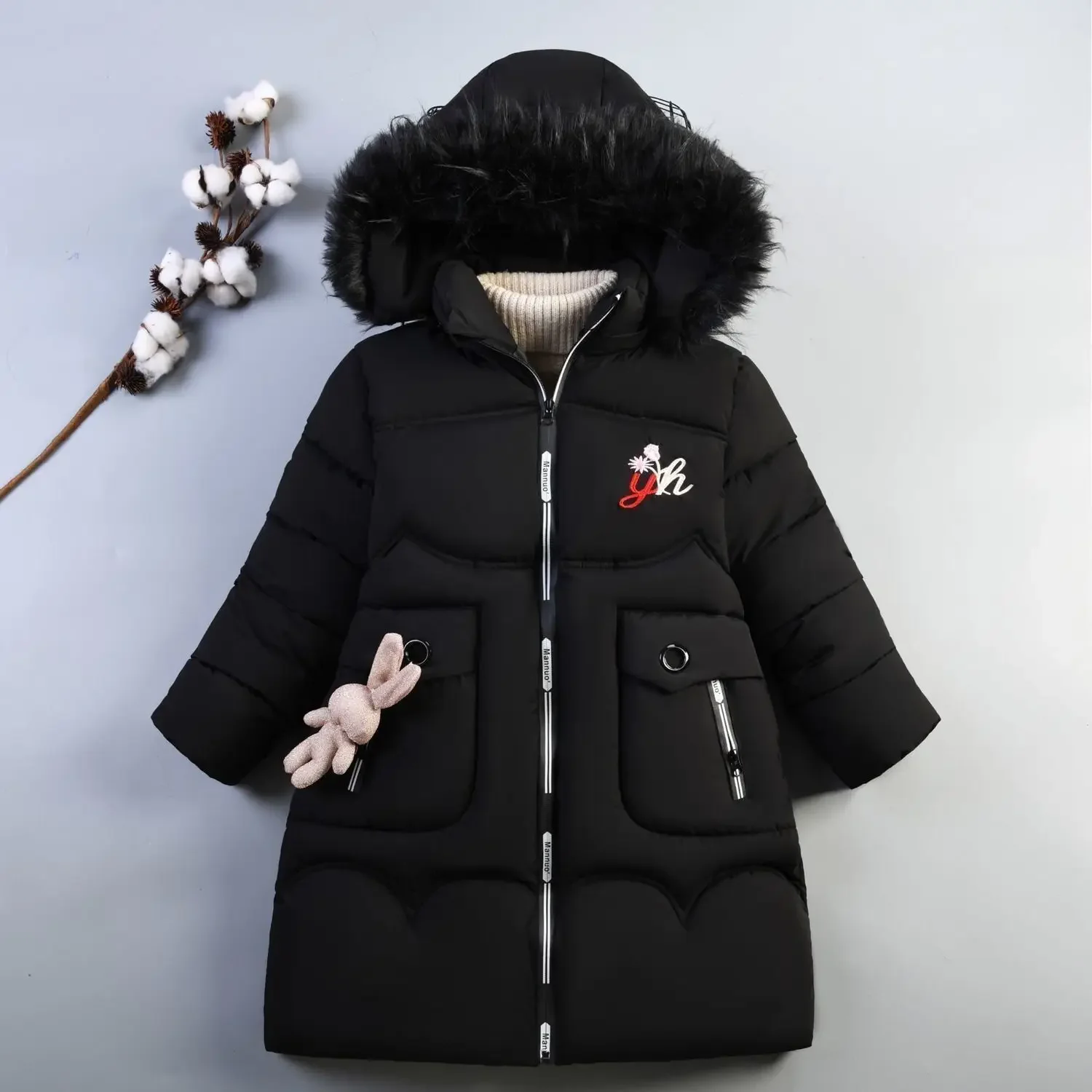 

Winter new girls' cotton jacket Korean version medium to large children's cartoon rabbit medium long thick down cotton jacket tr