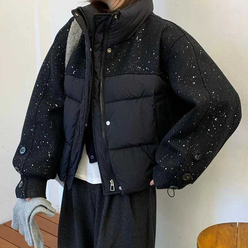 Women's Sparkly Spliced Padded Coat Winter Thick Warm Quilted Padded Jacket Casual Loose Fit Outerwear Trendy Softly Cozy Coats