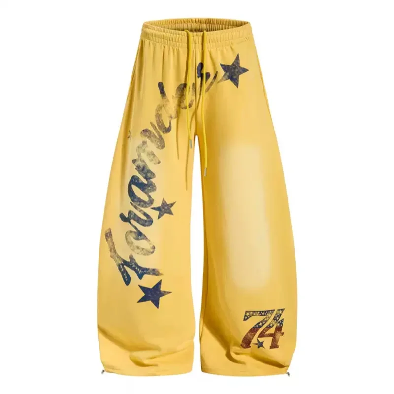 

American Style Retro Yellow Casual Sport Sweatpants Unisex Loose All-Match Wide Leg Pants Letter Printing Drawstring Design