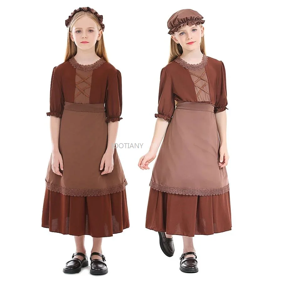 

IOOTIANY 2024 Colonial Village Peasant Girls Dress Kids Child Victorian Poor Girl Costume Brown Carnival Stage Book Day Fantasia