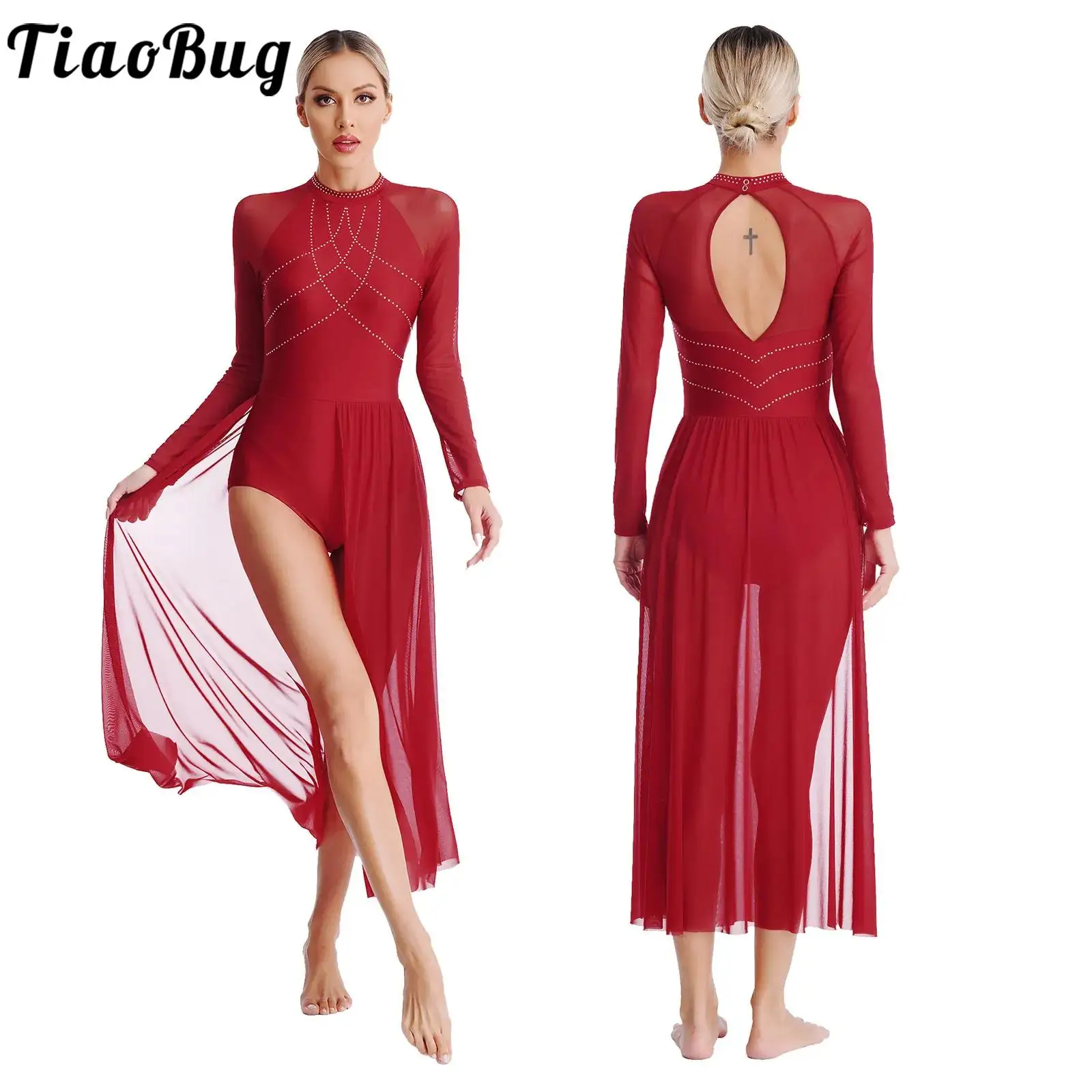 

Women Ballet Lyrical Contemporary Dress Rhinestone Long Sleeve Chiffon Overall Maxi Dress Flowy Split Mesh Leotard Dancewear