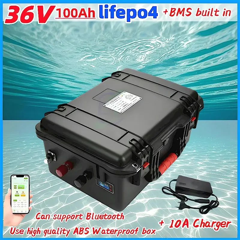 

Lithiumbattery Lifepo4 avec Bluetooth et BMS, tricycle électrique 3500W, vélo UPS, scooter, bateau, chargeur 10A, 36V, 100Ah,
