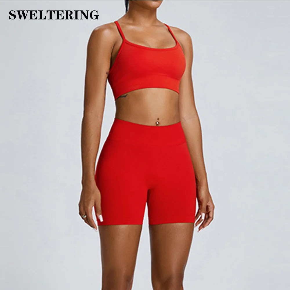 Seamless Yoga Set Women Workout Sets 2 Pieces Gym Suits Ribbed Crop Tank High Waist Shorts Outfits Fitness Running Athletic Wear