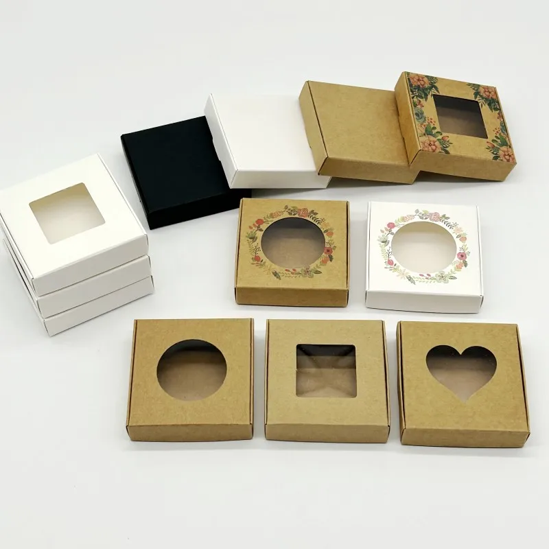 

50pcs Paper Cardboard Jewelry Packaging Boxes 6x6x1.5cm Handmade Gifts Boxes Clear PVC Window Displays Gifts Packing Box