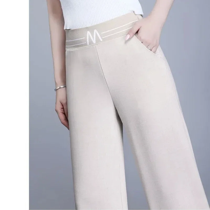 Spring Autumn Women's Clothing Solid Color Pockets Elastic High Waisted Casual Loose Trouser Suits Wide Leg Commuter Pants