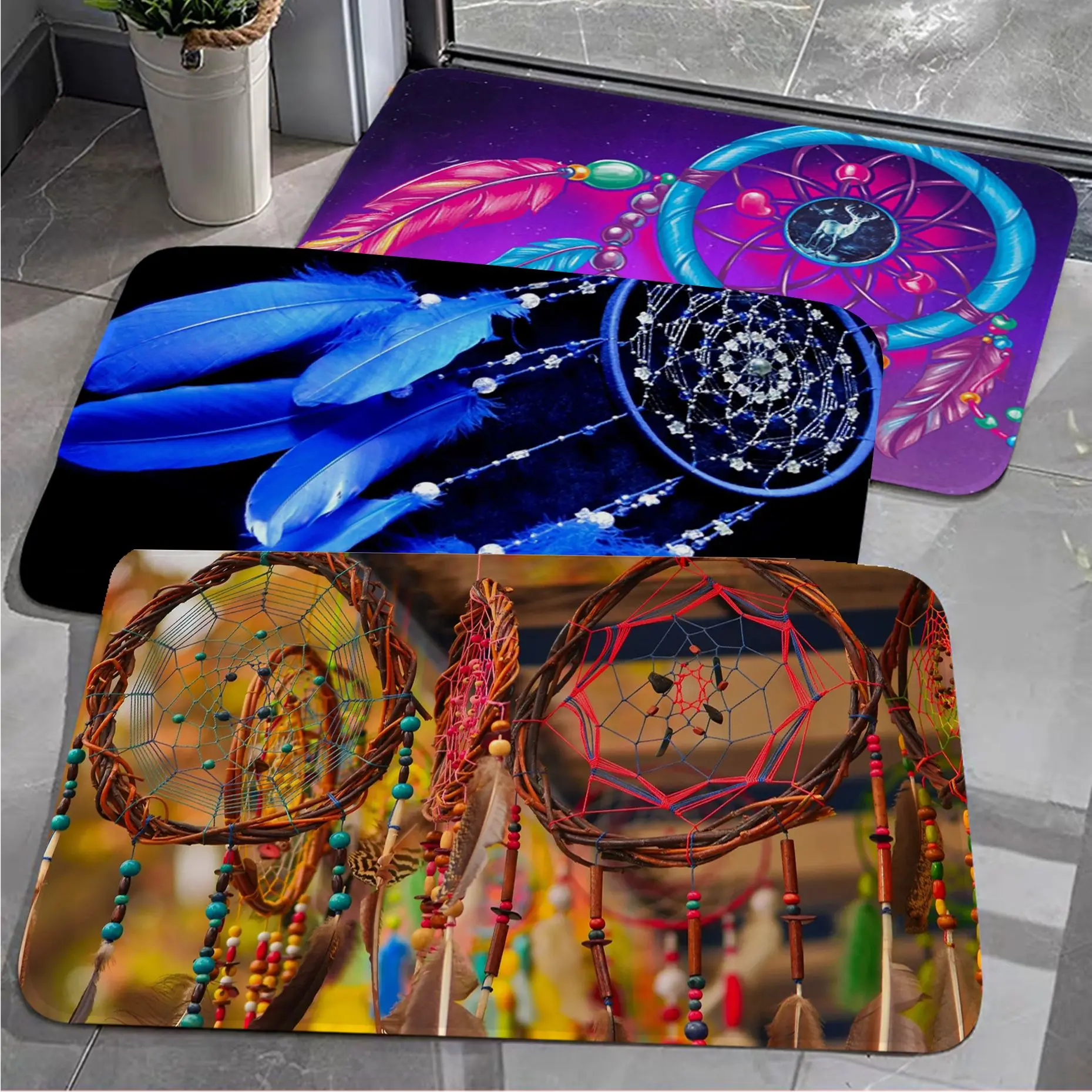 

Dreamcatcher Watercolor Hallway Carpet Anti-slip Absorb Water Long Strip Cushion Bedroon Mat Toilet Rug