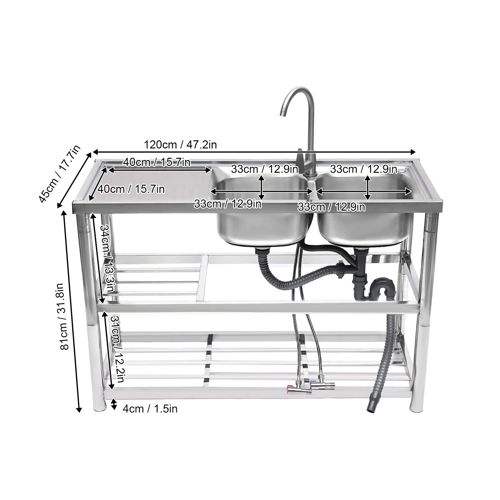 2 Compartment Commercial Sink Stainless Steel Kitchen Utility Sink w/ Prep Table Cold & Hot Water For Garages, Basements