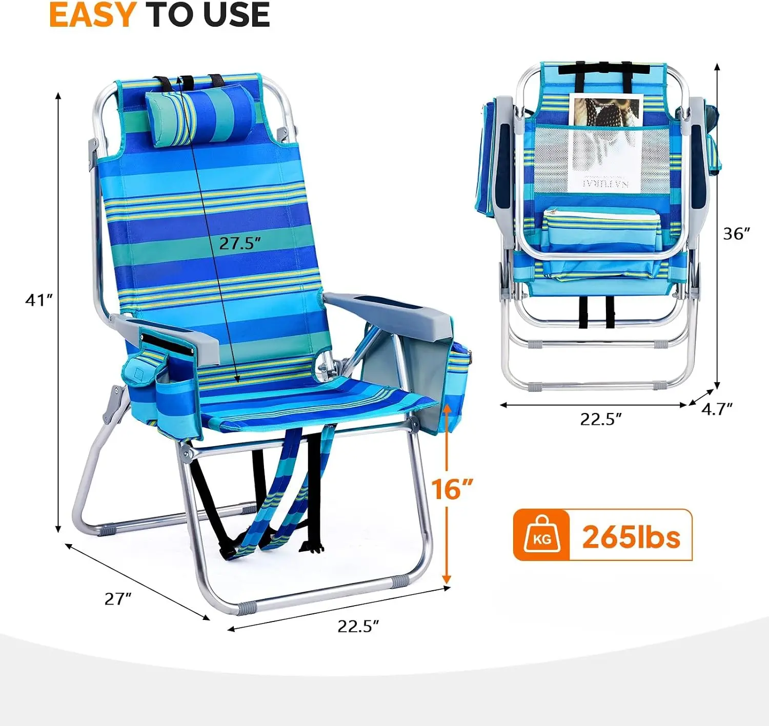 Tall Beach Chairs For Adults 2 Pack Lightweight Backpack Beach Chair Set With 5 Position Lay Flat Recliner Cooler Bag Towel Bar Cup Holder For Camping Lawn Pool Travel Blue