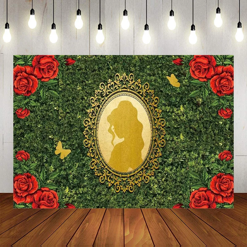 

Фон для цветочного сада на день рождения, золотое зеркало, красная роза, бабочка, страна чудес, фотографический фон, баннер принцессы для чаепития