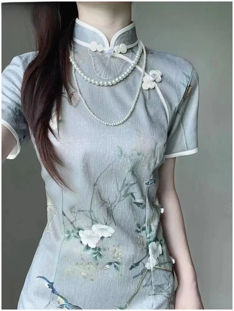 

Quipao с коротким рукавом воротник-стойка и коротким рукавом платья с цветочным принтом китайское традиционное платье Cheongsam для женщин вечерняя одежда