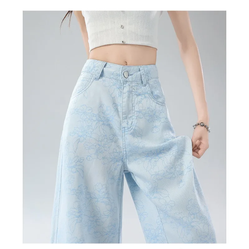 Women 2026 Summer Thin Jacquard Embroidery Jeans Ice Blue Loose Wide Leg Draped Lightweight Straight Denim Pants