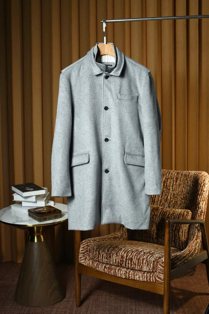 LP Men Faux Two Layer Collar Cashmere Wool Blend Jacket Business Casual Layered Outerwear Autumn Winter