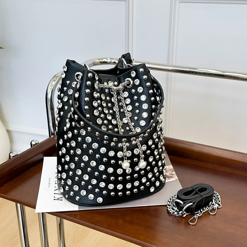 

Маленькая сумка-ведро через плечо для женщин, роскошная сумка с бриллиантами, клатч, дизайнерская модная сумка на плечо, мотоциклетная Bolsas Feminina