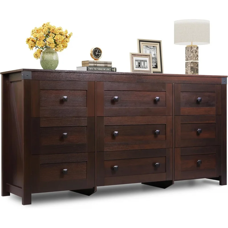 

63 Inch Wide 9 Drawer Storage Dresser TV Stand, Solid Wood Chest of Drawers with Ball Bearing Slides, Sturdy Organizer