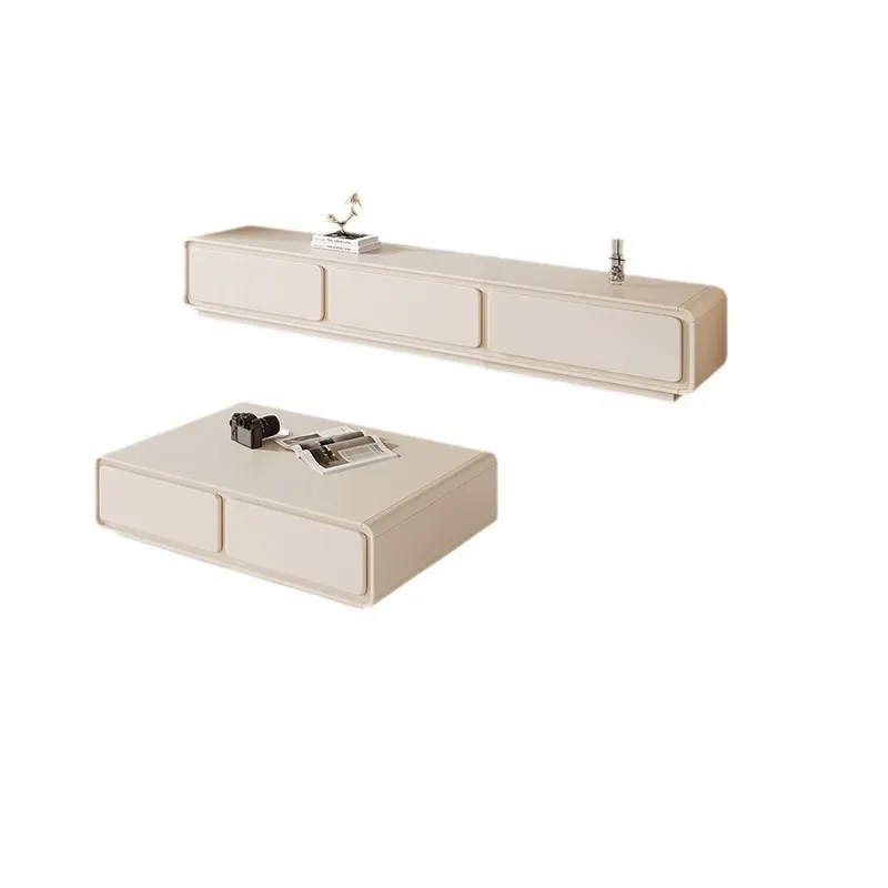 White French Cream TV Stand with Rounded Corners Modern Minimalist Coffee Table Combo Small Apartment Living Room Floor
