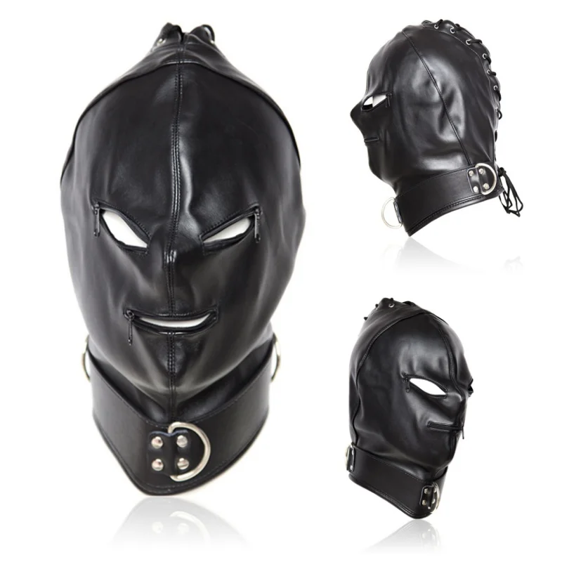 Máscara Sexy de cuero PU para adultos, capucha Bondage, disfraces de fiesta de Cosplay, cubierta de cabeza con cremallera, ojos abiertos, boca, accesorios de club nocturno