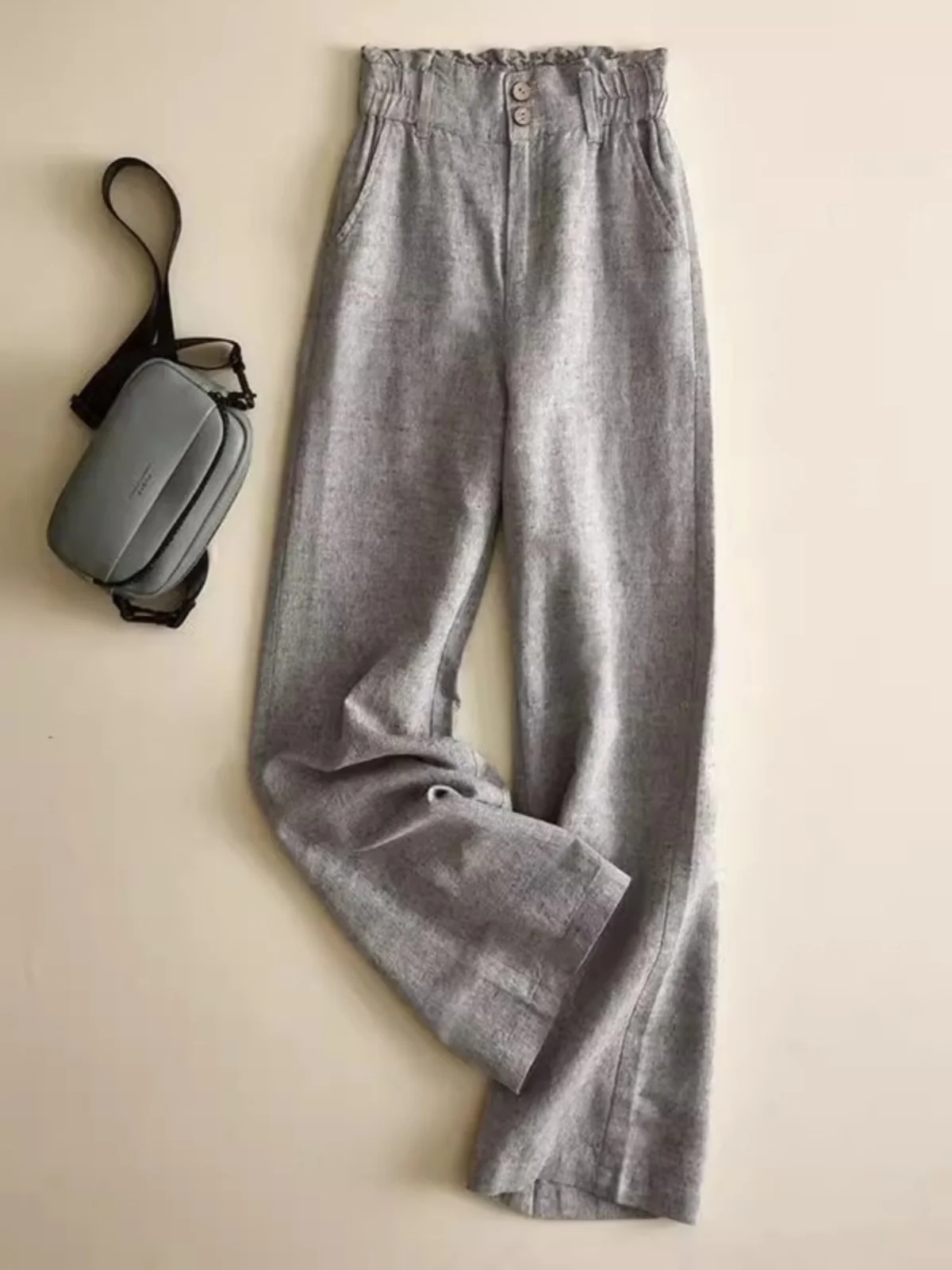 Gray Linen Wide-Leg Pants Women High Waist Drape 2024 Loose Casual Cotton and Linen Trousers Flower Bud Waist Ramie Straight ...