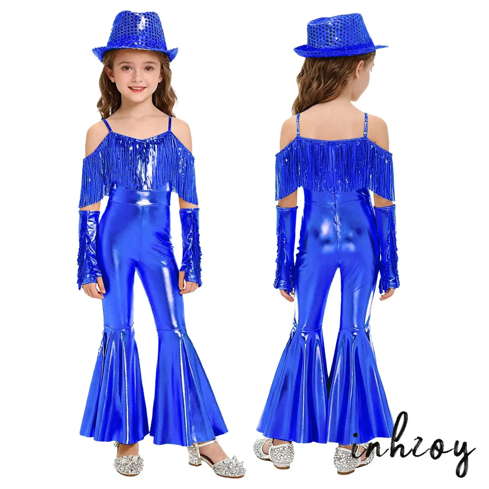 

Kids Girl Jazz Dance Costume Sleeveless Sparkly Sequins Tassels Flared Dance Jumpsuit+Fedora Hat+Gloves for Hop Hop Street Dance