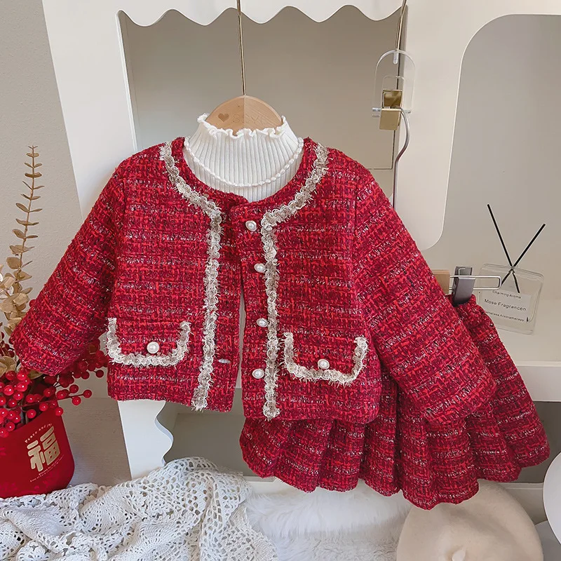 Girls' Little Fragrant Wind Set Winter New Style Fashionable Plush Thick Coat Short Skirt Two Piece Set