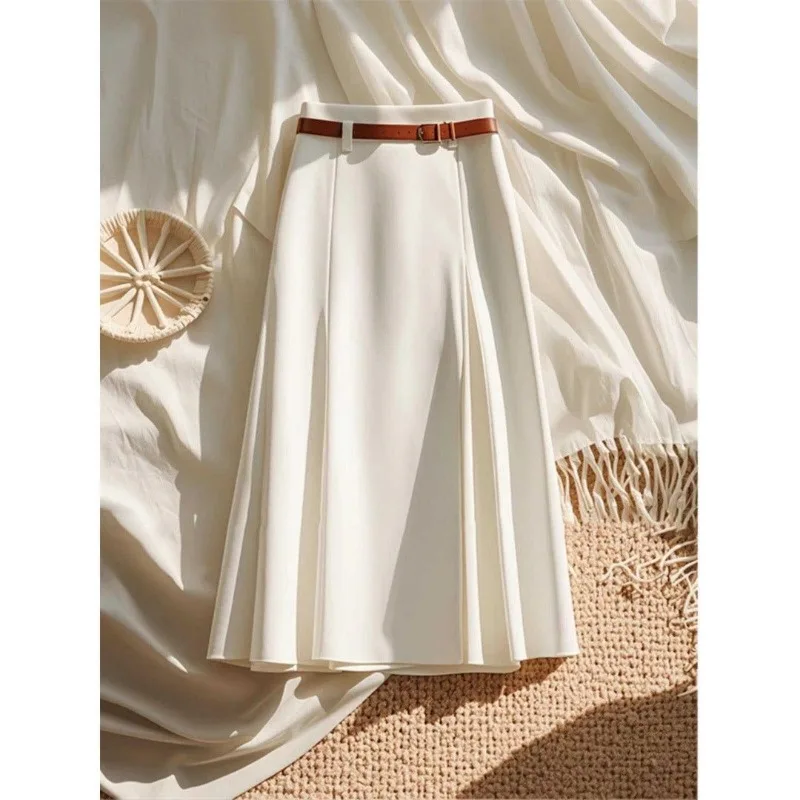 

Spring Autumn Simplicity Office Lady Solid Color Mid Length Skirt Women Elegant Temperament Skirt All-match Casual A-line Skirt