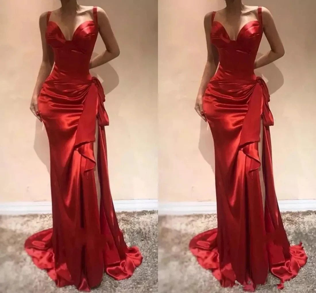 

Sexy Spaghetti Straps Evening Dresses Sweetheart Neck Formal Party Dress High Side Slit Ruched Satin Mermaid فستان حفلات الزفاف