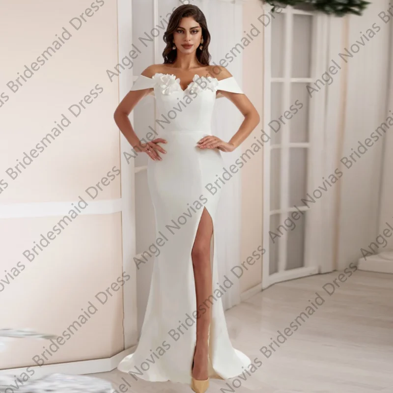 Off Shoulder Customized White Spandex Wedding Party Dress Bridesmaid Dresses with Split for Women Robe Demoiselle d'honneur