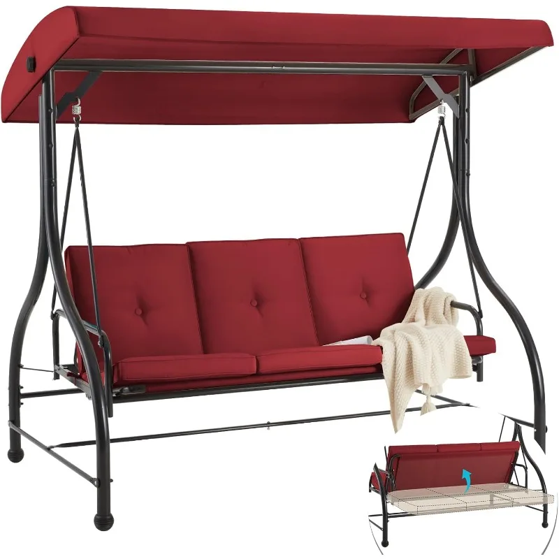 3-Seat Outdoor Porch Swing with Adjustable Backrest and Canopy, Patio Swing w/Removable Cushions Outdoor Swing Bed for Porch