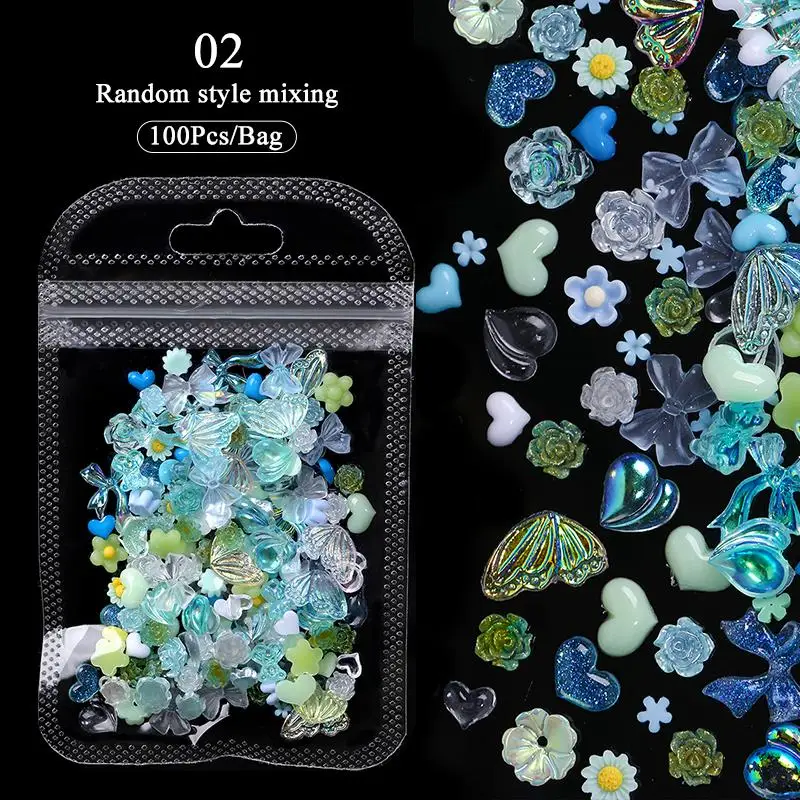 100 Uds. De dijes para uñas en forma de corazón con lazo rosa perla, mezcla colorida para arte, parte posterior plana, flor 3D, decoraciones para uñas DIY, accesorios a granel