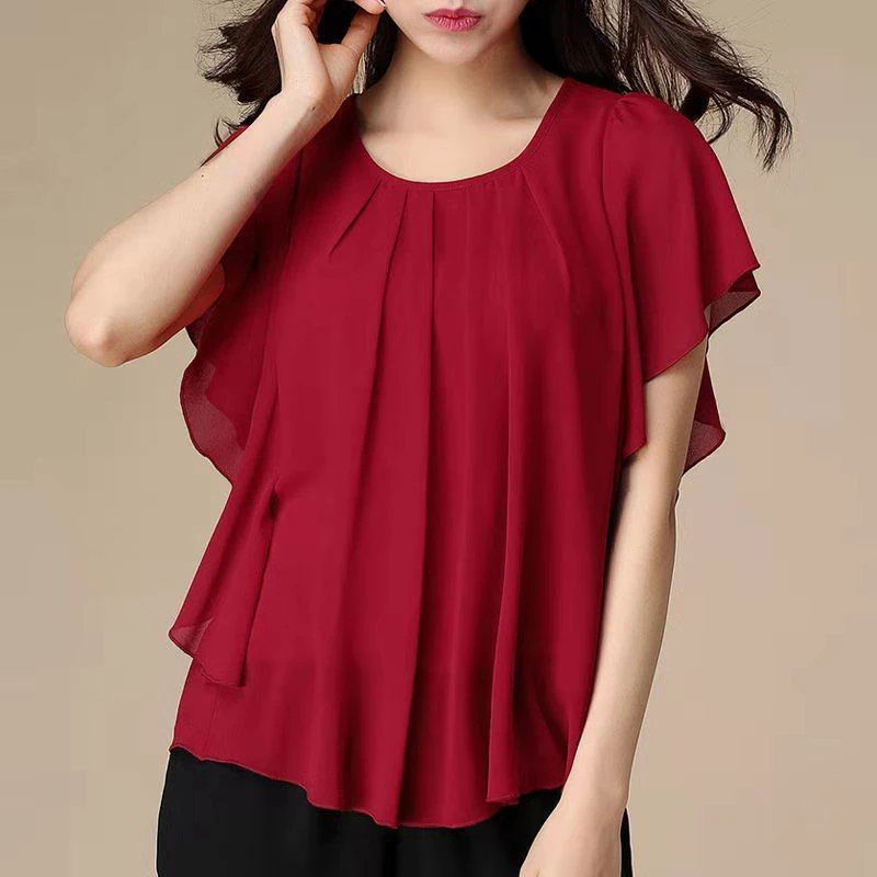 Summer New Oversized Casual Fashion Pleated Solid Chiffon Shirt Ladies Short Sleeve Loose All-match Pullover Blouse Top Women