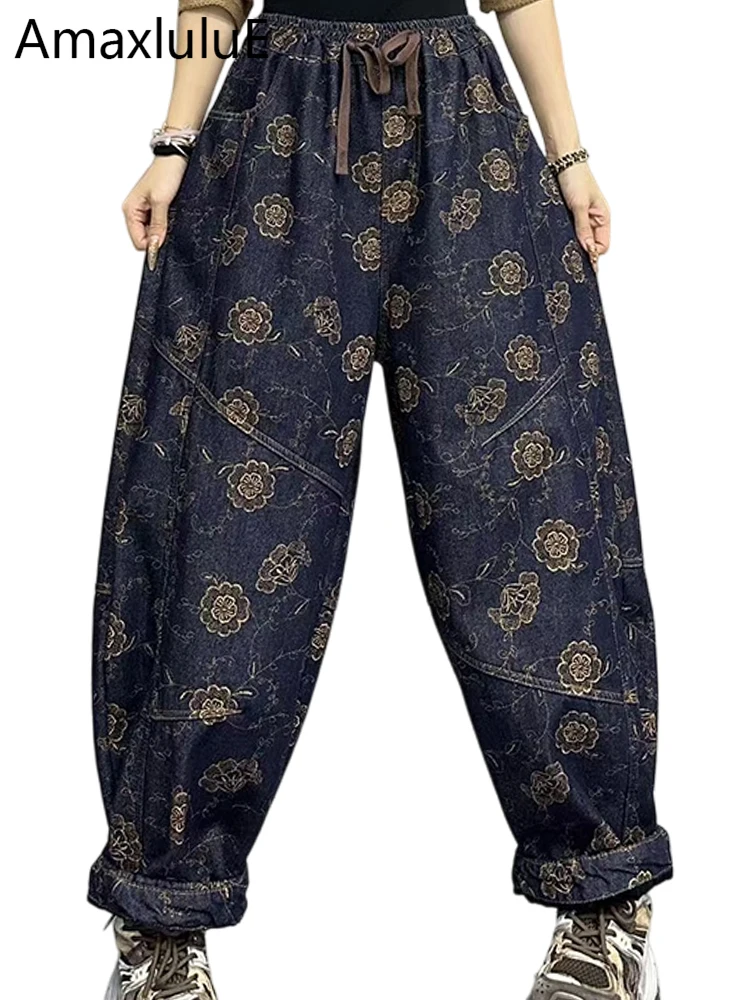 

Amax LuluE Winter Vintage Floral Fur Jeans Womens Fashion Classic Denim Warm Pants Ladies Casual Printed Thicken Harem Trousers