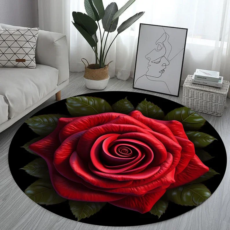 Red Rose Round Rug Red Rose Round Rug Non-Slip Carpet Rug Turf Line Round Carpet Soft Non-Slip Floor Mat for Living Room Bedroom