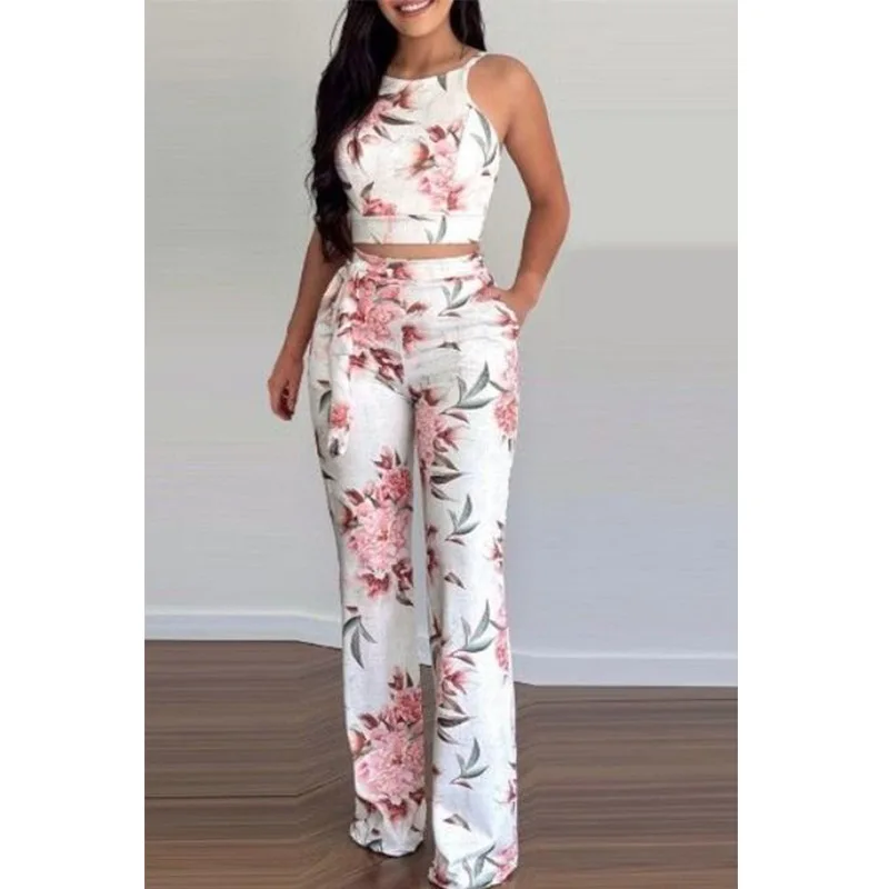 Summer Print Two Piece Set Women Fashion Short Sleeveless Vest High-waisted Wide-leg Pants Suit Two Piece Set Women Casual Suit