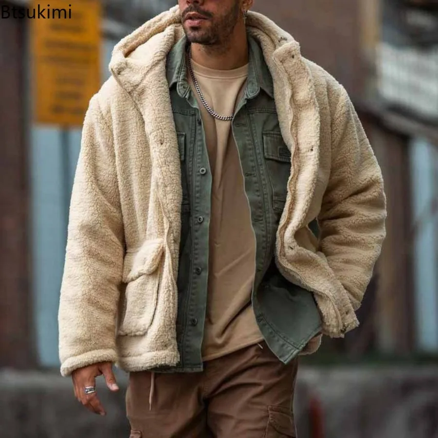2025 Men's Autumn and Winter Fleece Zipper Sweater Hooded Solid Color Fluffy Coats Male Sherpa Fleece Jackets Warm Streetwear